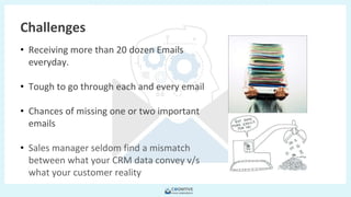 Copyright © 2018 FieldForcePro and/or its affiliates. All rights
reserved.
• Receiving more than 20 dozen Emails
everyday.
• Tough to go through each and every email
• Chances of missing one or two important
emails
• Sales manager seldom find a mismatch
between what your CRM data convey v/s
what your customer reality
Challenges
 