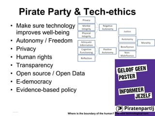 Pirate Party & Tech-ethics
• Make sure technology
improves well-being
• Autonomy / Freedom
• Privacy
• Human rights
• Transparency
• Open source / Open Data
• E-democracy
• Evidence-based policy
Matthijs Pontier, Leiden, 27-2-2016
Where is the boundary of the human? The new technological turn
 