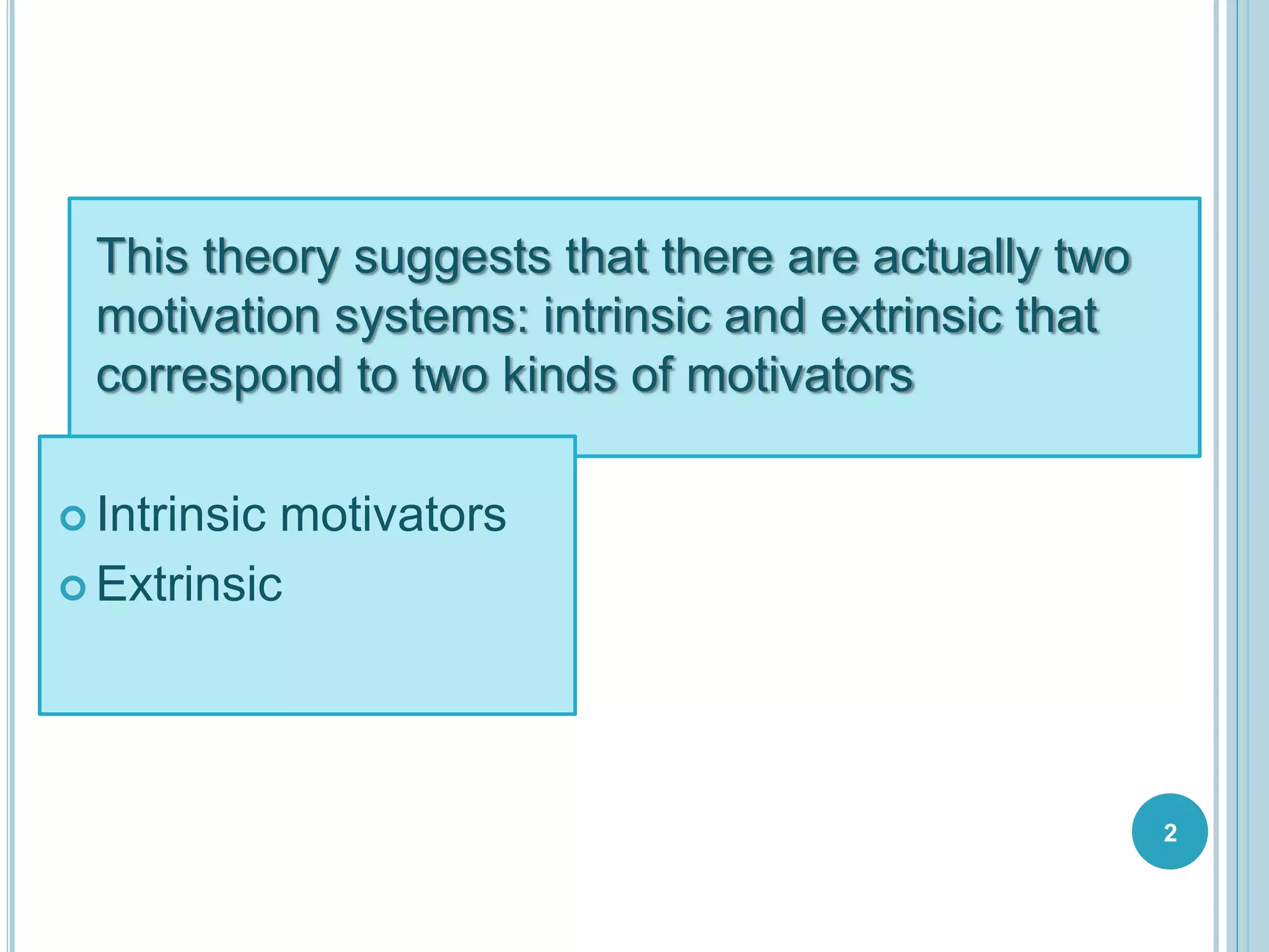 This theory suggests that there are actually two
motivation systems: intrinsic and extrinsic that
correspond to two kinds of motivators
Intrinsic motivators
Extrinsic
2