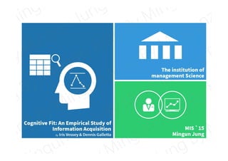 The institution of
management Science
Cognitive Fit: An Empirical Study of
Information Acquisition
By Iris Vessey & Dennis Galletta
MIS `15
Mingun Jung
 