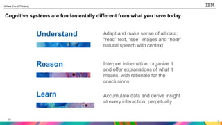 12
A New Era of Thinking
12
Cognitive systems are fundamentally different from what you have today
1
Adapt and make sense of all data;
“read” text, “see” images and “hear”
natural speech with context
Understand
Reason Interpret information, organize it
and offer explanations of what it
means, with rationale for the
conclusions
Learn Accumulate data and derive insight
at every interaction, perpetually
 