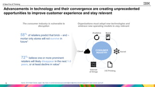 5
A New Era of Thinking
5
Advancements in technology and their convergence are creating unprecedented
opportunities to improve customer experience and stay relevant
Source: 2015 Retail Outlook, page5. http://www.cit.com/wcmprod/groups/content/@wcm/@cit/documents/images/2015-retail-outlook-report.pdf
CONSUMER
INDUSTRY Social
Mobil
e
Cloud
3-D Printing
Internet
of things
Analytics
Organizations must adopt new technologies and
embrace new operating models to stay relevant
The consumer industry is vulnerable to
disruption
5x
58% of retailers predict that brick – and –
mortar only stores will not survive in
future1
72% believe one or more prominent
retailers will likely disappear in the next 1-3
years, or at least decline in value1
Cloud
 