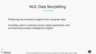 STKI’s work Copyright@2016. Do not remove source or attribution from any slide, graph or portion of graph
18
STKI’s work Copyright@2016. Do not remove source or attribution from any slide, graph or portion of graph
NLG: Data Storytelling
Producing text (narrative insights) from computer data
Currently used in customer service, report generation, and
summarizing business intelligence insights.
 