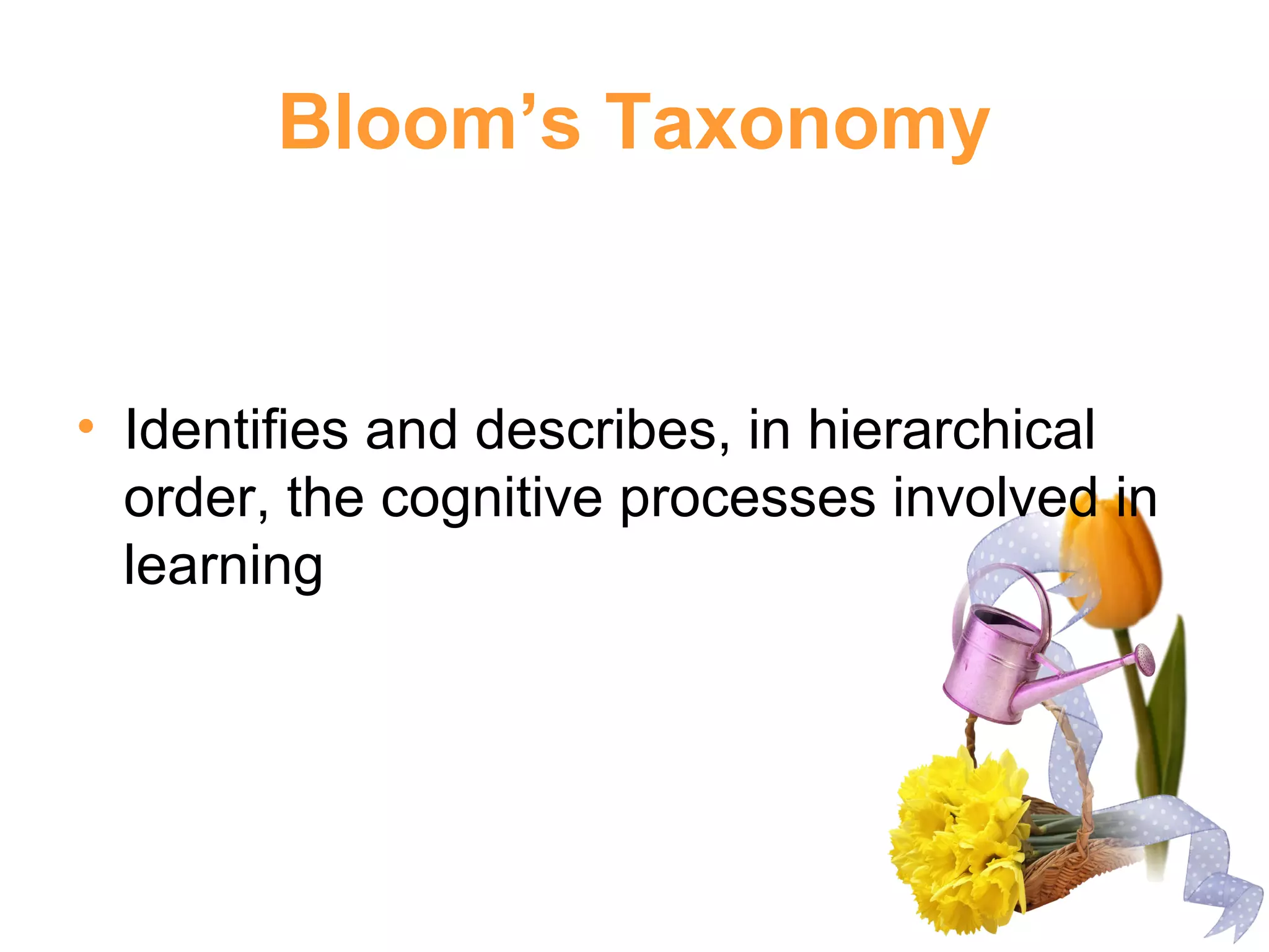 Bloom’s Taxonomy
• Identifies and describes, in hierarchical
order, the cognitive processes involved in
learning
 