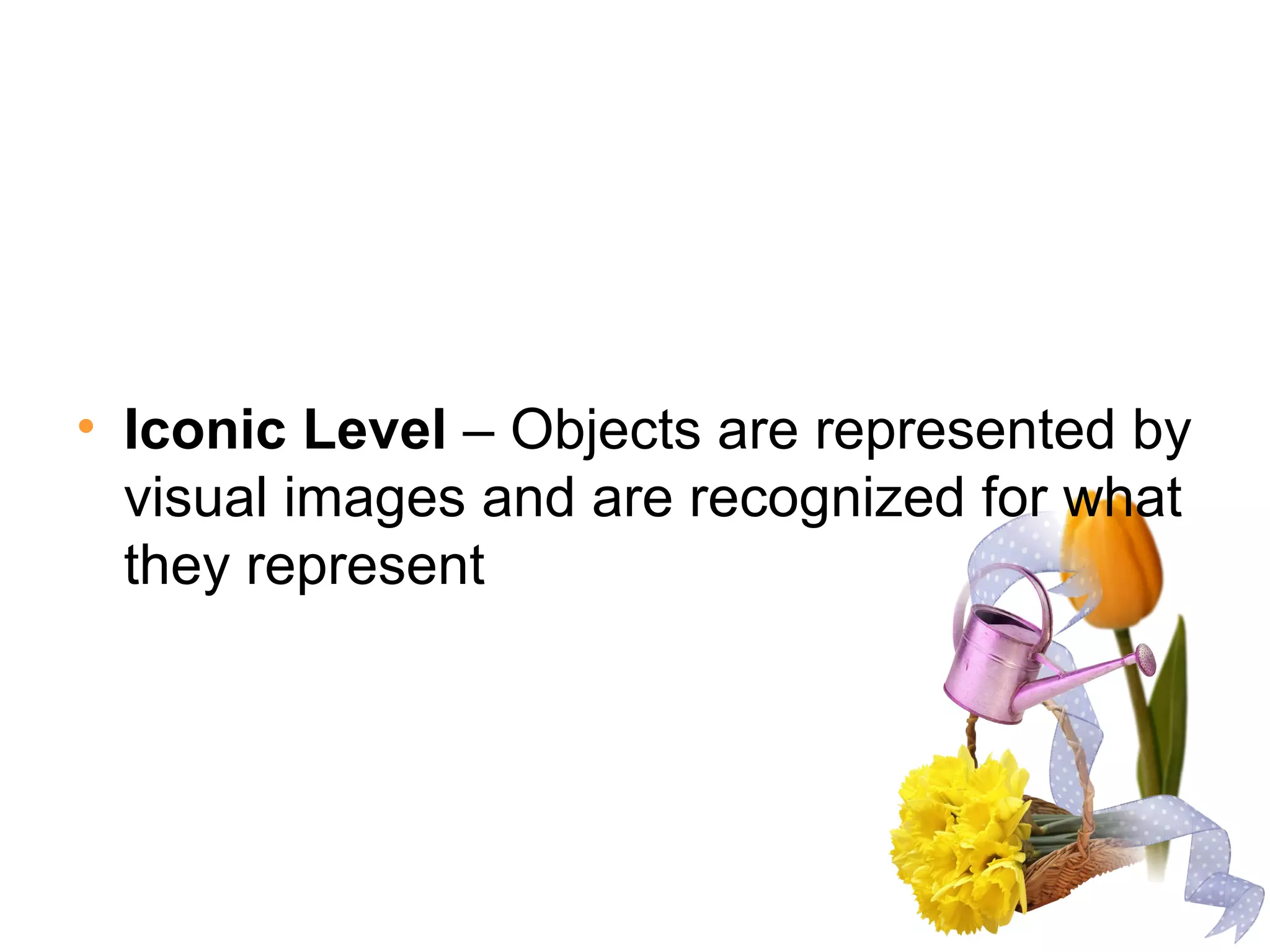 • Iconic Level – Objects are represented by
visual images and are recognized for what
they represent
 