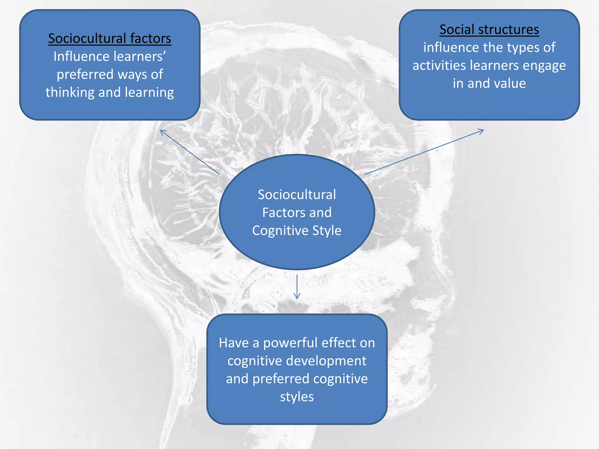 Sociocultural
Factors and
Cognitive Style
Sociocultural factors
Influence learners’
preferred ways of
thinking and learning
Social structures
influence the types of
activities learners engage
in and value
Have a powerful effect on
cognitive development
and preferred cognitive
styles
 