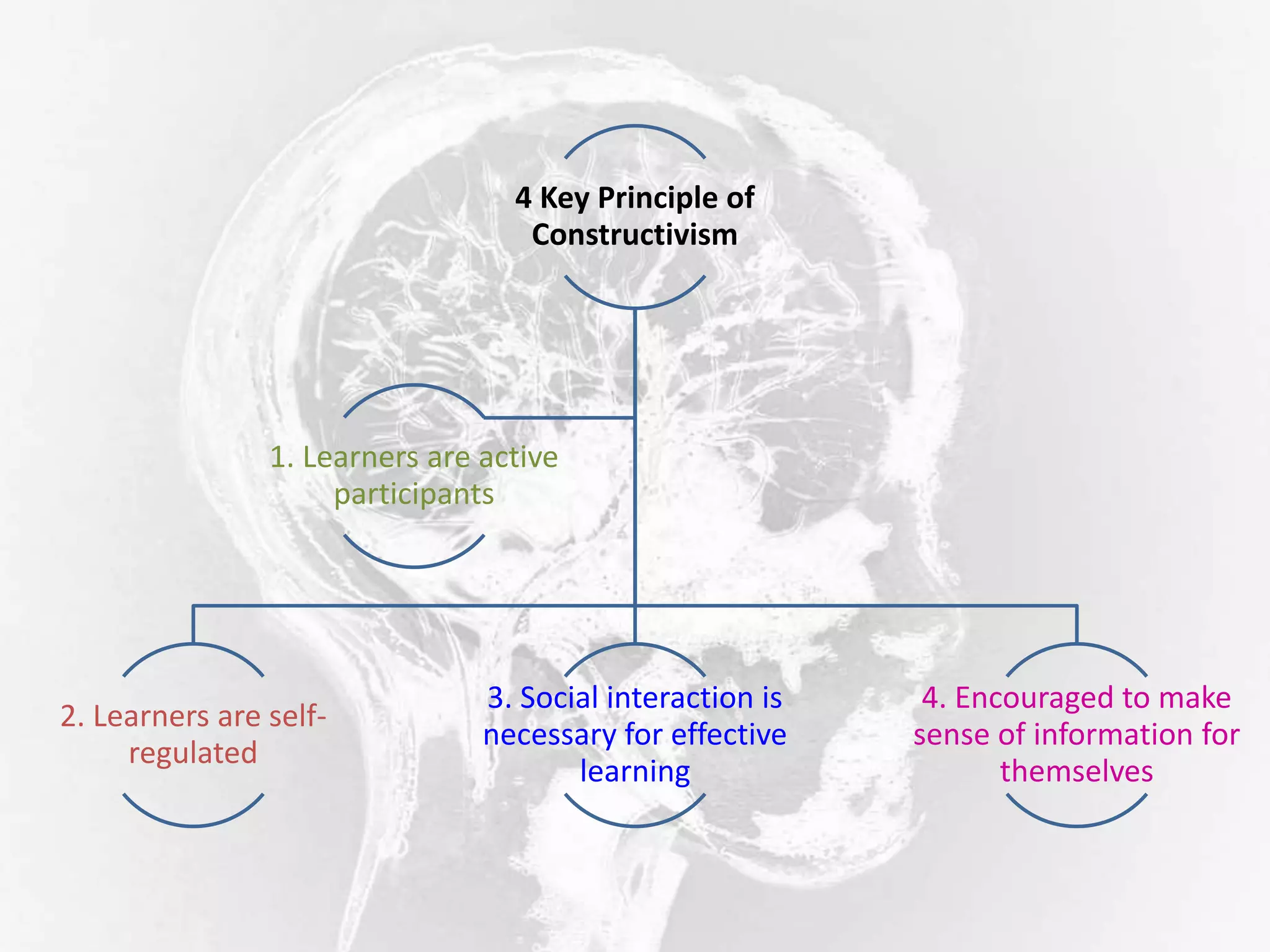 4 Key Principle of
Constructivism
2. Learners are self-
regulated
3. Social interaction is
necessary for effective
learning
4. Encouraged to make
sense of information for
themselves
1. Learners are active
participants
 