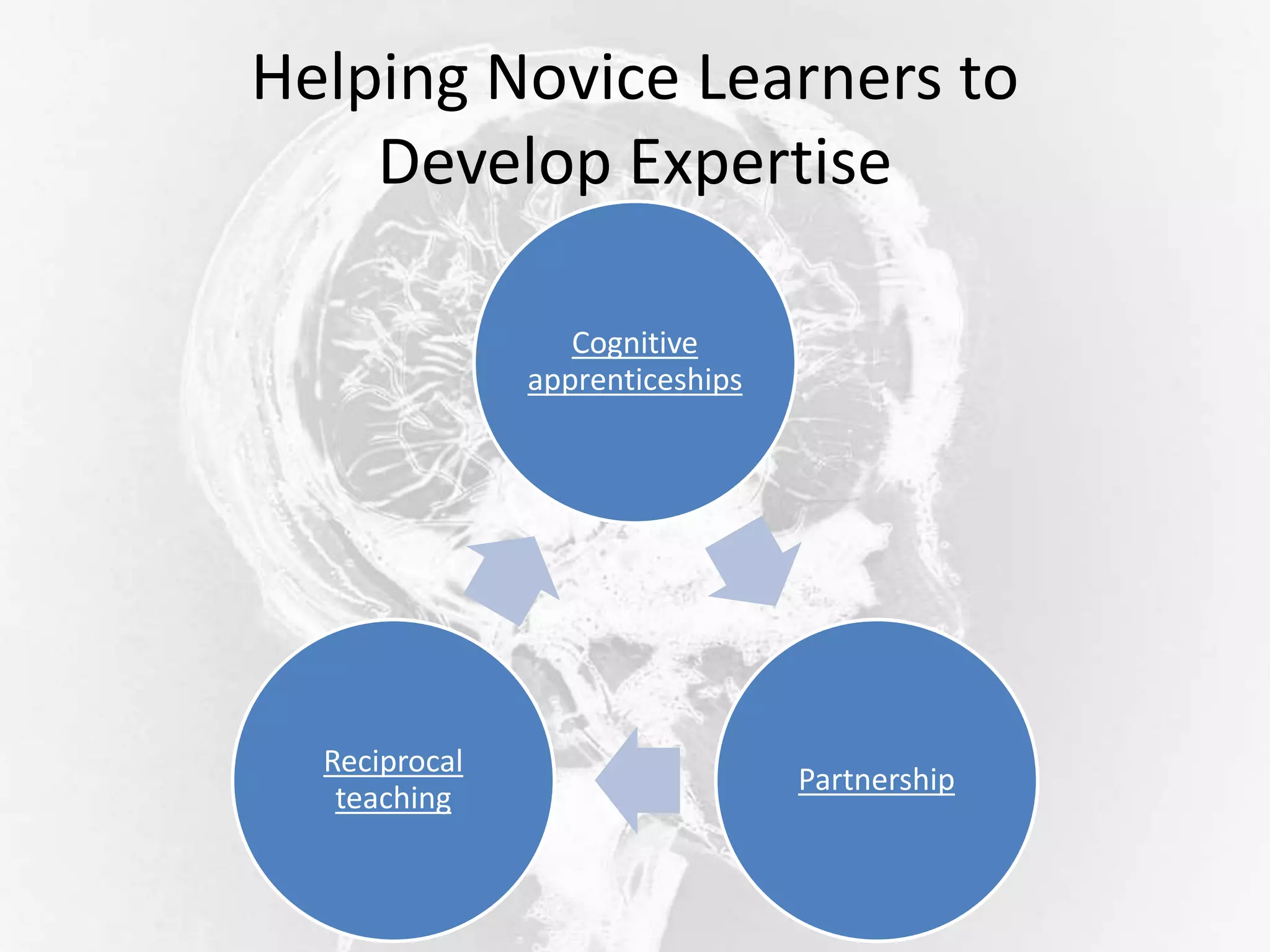 Helping Novice Learners to
Develop Expertise
Cognitive
apprenticeships
Partnership
Reciprocal
teaching
 