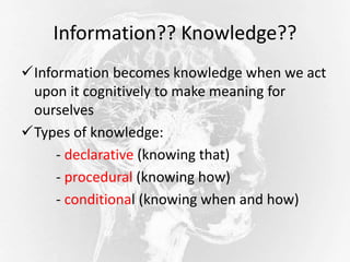 Information?? Knowledge??
Information becomes knowledge when we act
upon it cognitively to make meaning for
ourselves
Types of knowledge:
- declarative (knowing that)
- procedural (knowing how)
- conditional (knowing when and how)
 