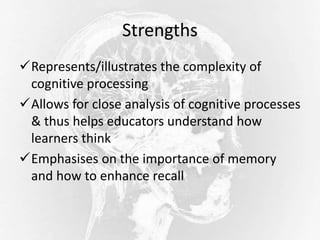Strengths
Represents/illustrates the complexity of
cognitive processing
Allows for close analysis of cognitive processes
& thus helps educators understand how
learners think
Emphasises on the importance of memory
and how to enhance recall
 