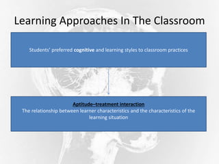 Learning Approaches In The Classroom
Students’ preferred cognitive and learning styles to classroom practices
Aptitude–treatment interaction
The relationship between learner characteristics and the characteristics of the
learning situation
 