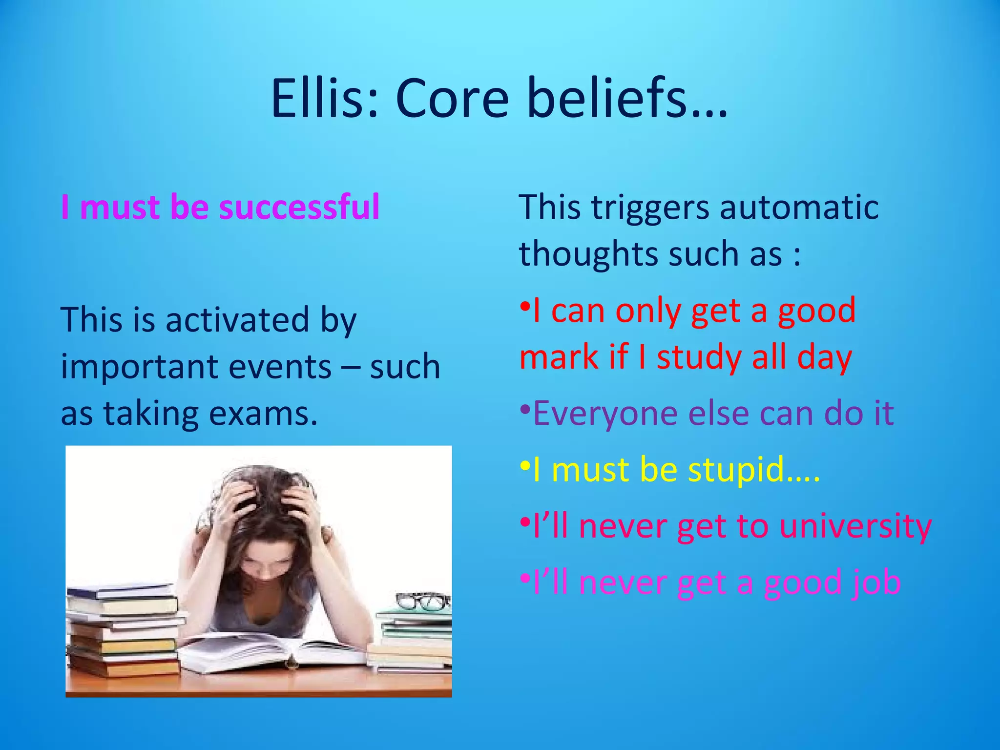 Ellis: Core beliefs… 
I must be successful 
This is activated by 
important events – such 
as taking exams. 
This triggers automatic 
thoughts such as : 
•I can only get a good 
mark if I study all day 
•Everyone else can do it 
•I must be stupid…. 
•I’ll never get to university 
•I’ll never get a good job 
 