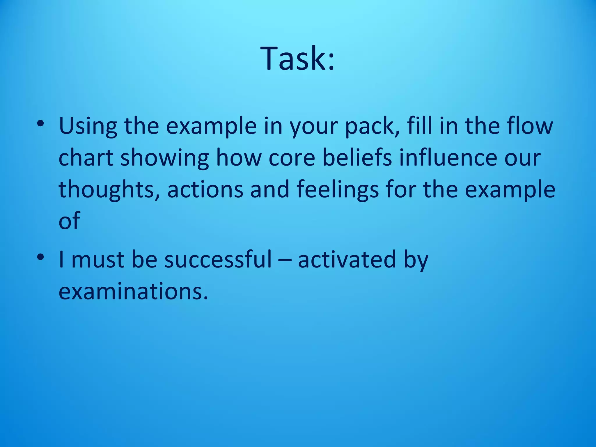 Task: 
• Using the example in your pack, fill in the flow 
chart showing how core beliefs influence our 
thoughts, actions and feelings for the example 
of 
• I must be successful – activated by 
examinations. 
 