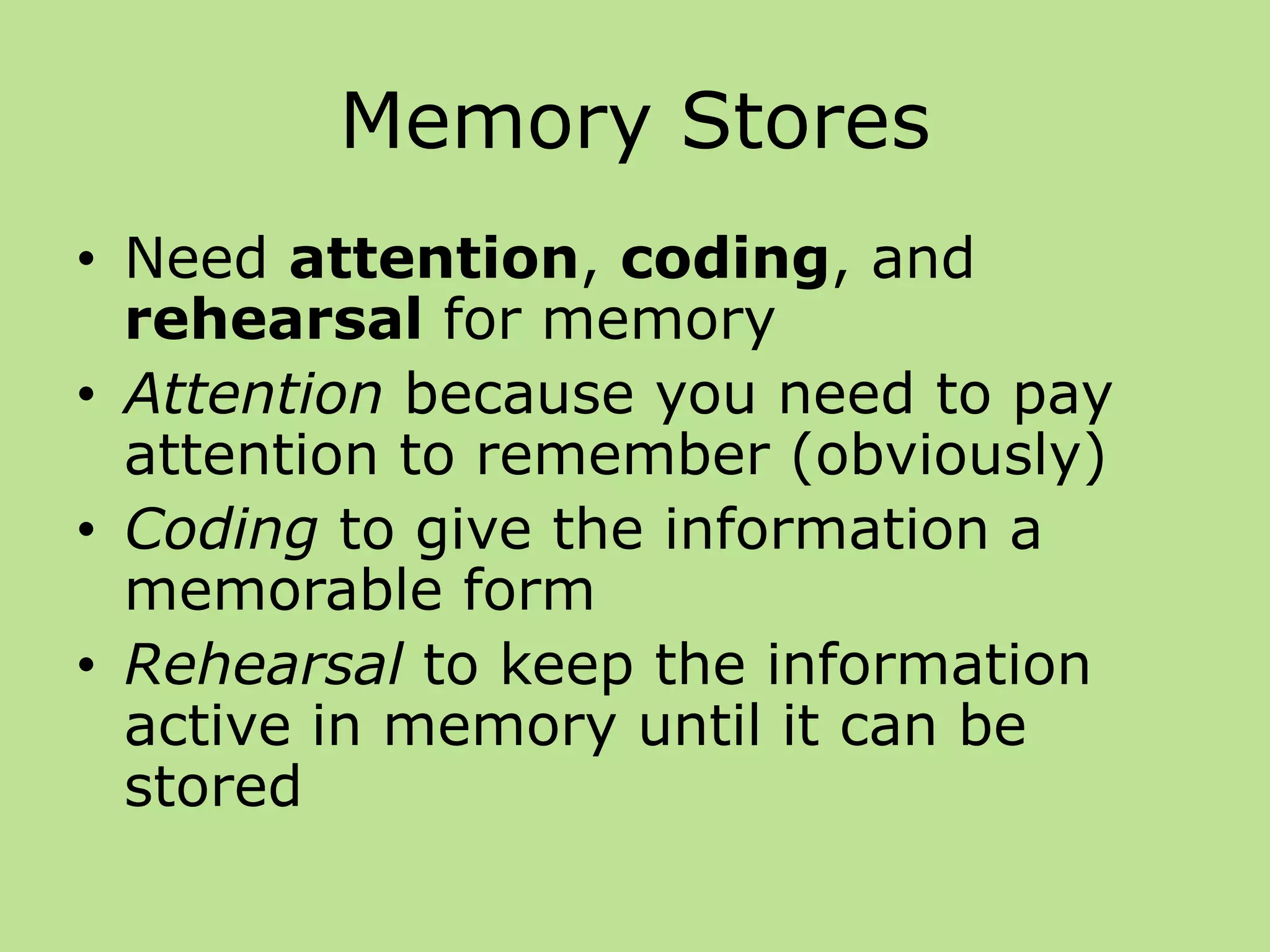 Memory Stores
• Need attention, coding, and
rehearsal for memory
• Attention because you need to pay
attention to remember (obviously)
• Coding to give the information a
memorable form
• Rehearsal to keep the information
active in memory until it can be
stored
 