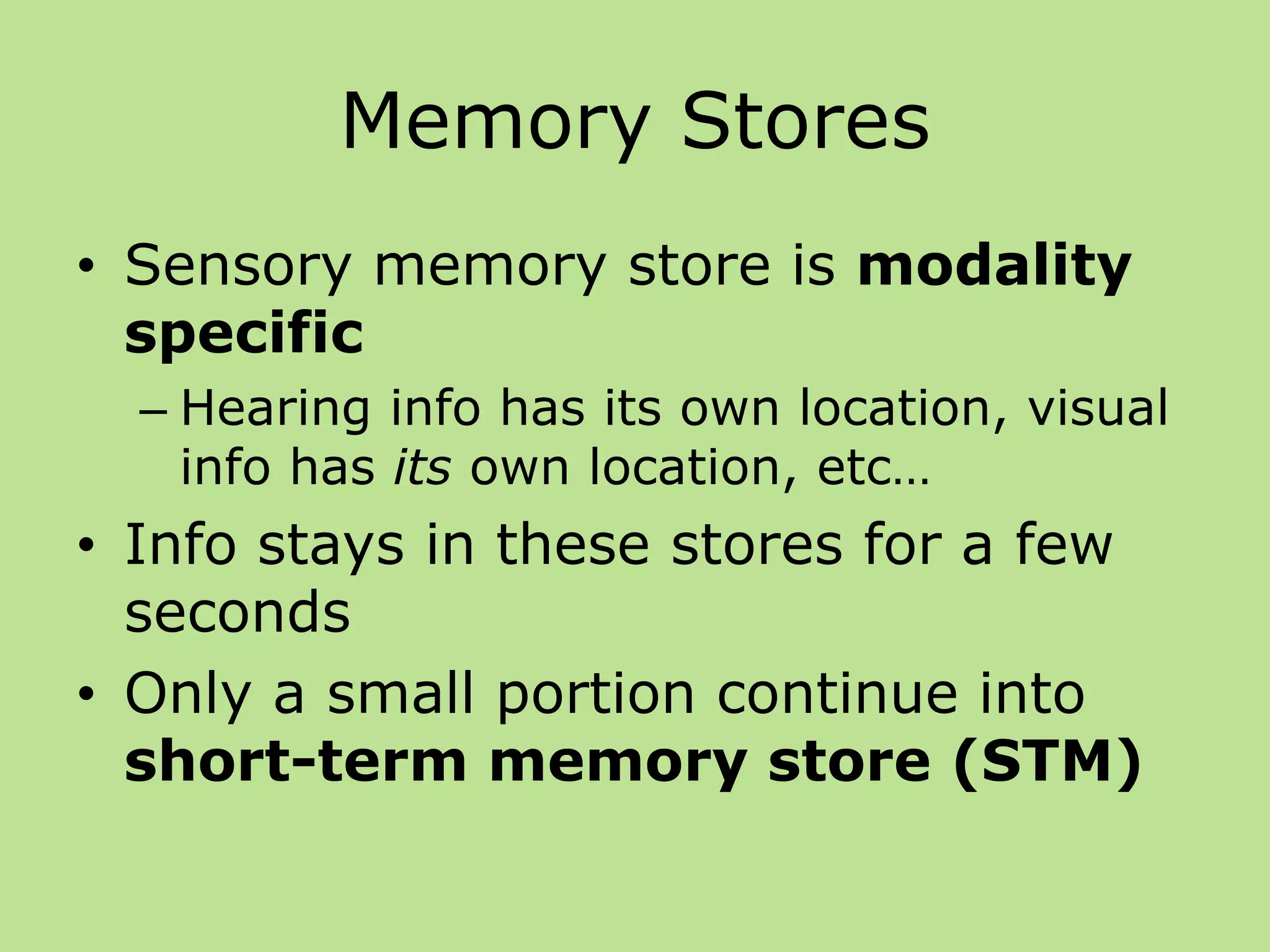 Memory Stores
• Sensory memory store is modality
specific
– Hearing info has its own location, visual
info has its own location, etc…
• Info stays in these stores for a few
seconds
• Only a small portion continue into
short-term memory store (STM)
 