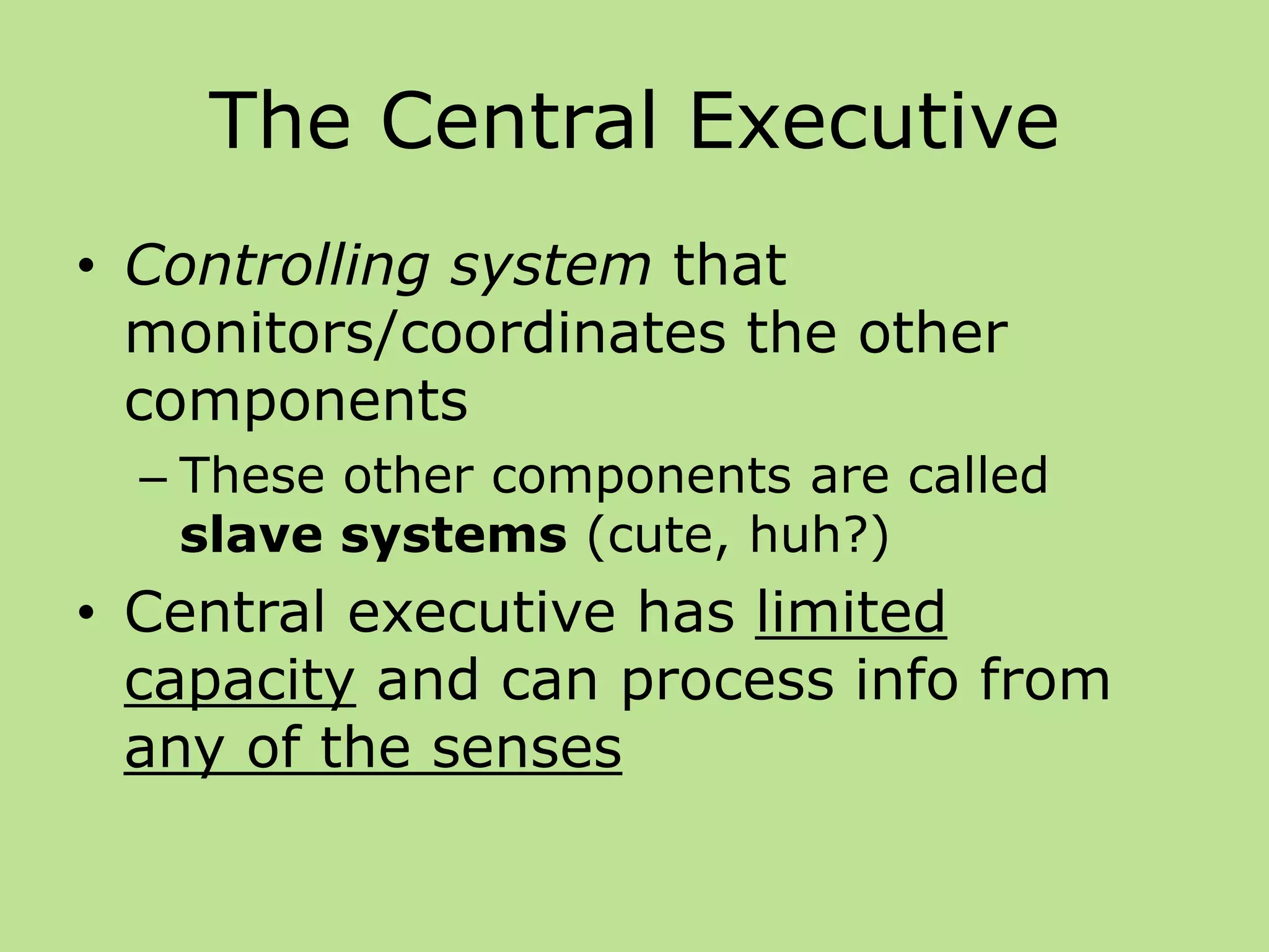 The Central Executive
• Controlling system that
monitors/coordinates the other
components
– These other components are called
slave systems (cute, huh?)
• Central executive has limited
capacity and can process info from
any of the senses
 