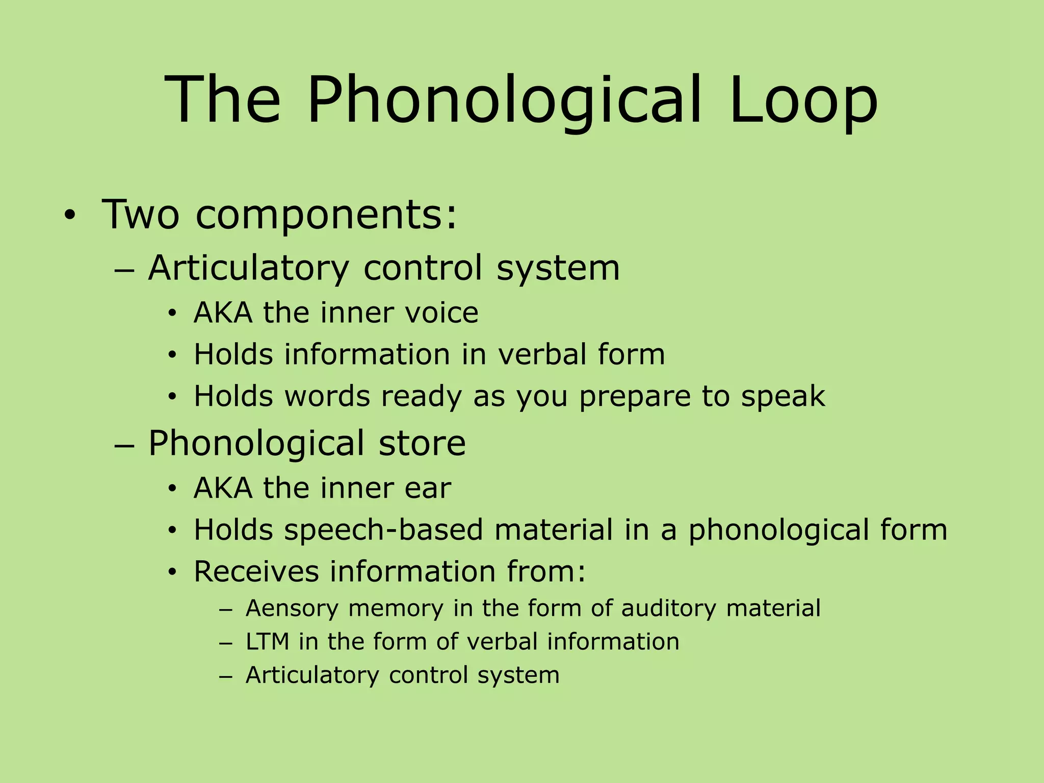 The Phonological Loop
• Two components:
– Articulatory control system
• AKA the inner voice
• Holds information in verbal form
• Holds words ready as you prepare to speak
– Phonological store
• AKA the inner ear
• Holds speech-based material in a phonological form
• Receives information from:
– Aensory memory in the form of auditory material
– LTM in the form of verbal information
– Articulatory control system
 