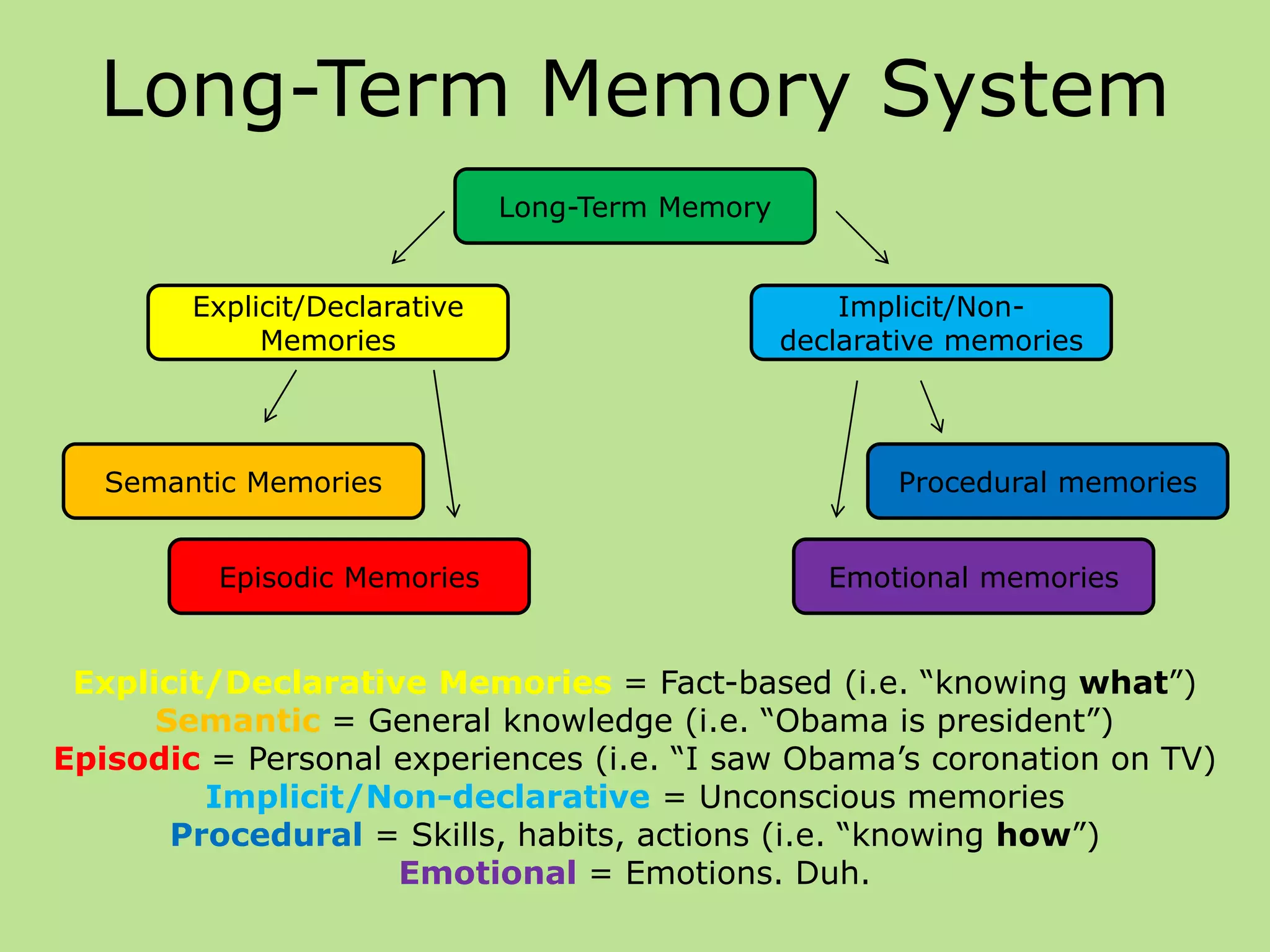 Long-Term Memory System
Long-Term Memory
Explicit/Declarative
Memories
Implicit/Non-
declarative memories
Semantic Memories
Episodic Memories
Procedural memories
Emotional memories
Explicit/Declarative Memories = Fact-based (i.e. “knowing what”)
Semantic = General knowledge (i.e. “Obama is president”)
Episodic = Personal experiences (i.e. “I saw Obama’s coronation on TV)
Implicit/Non-declarative = Unconscious memories
Procedural = Skills, habits, actions (i.e. “knowing how”)
Emotional = Emotions. Duh.
 