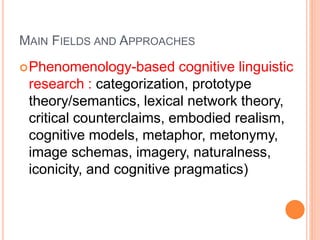 MAIN FIELDS AND APPROACHES
Phenomenology-based cognitive linguistic
research : categorization, prototype
theory/semantics, lexical network theory,
critical counterclaims, embodied realism,
cognitive models, metaphor, metonymy,
image schemas, imagery, naturalness,
iconicity, and cognitive pragmatics)
 