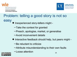 Problem: telling a good story is not so easy Inexperienced story-tellers might - Take the context for granted Preach, apologise, market, or generalise Avoid inconvenient details Interactive feedback should help, but peers might - Be reluctant to criticize Attribute misunderstanding to their own faults Loose attention 