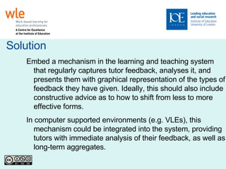 Solution Embed a mechanism in the learning and teaching system that regularly captures tutor feedback, analyses it, and presents them with graphical representation of the types of feedback they have given. Ideally, this should also include constructive advice as to how to shift from less to more effective forms. In computer supported environments (e.g. VLEs), this mechanism could be integrated into the system, providing tutors with immediate analysis of their feedback, as well as long-term aggregates. 