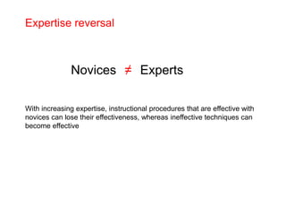 Expertise reversal
With increasing expertise, instructional procedures that are effective with
novices can lose their effectiveness, whereas ineffective techniques can
become effective
Novices ≠ Experts
 