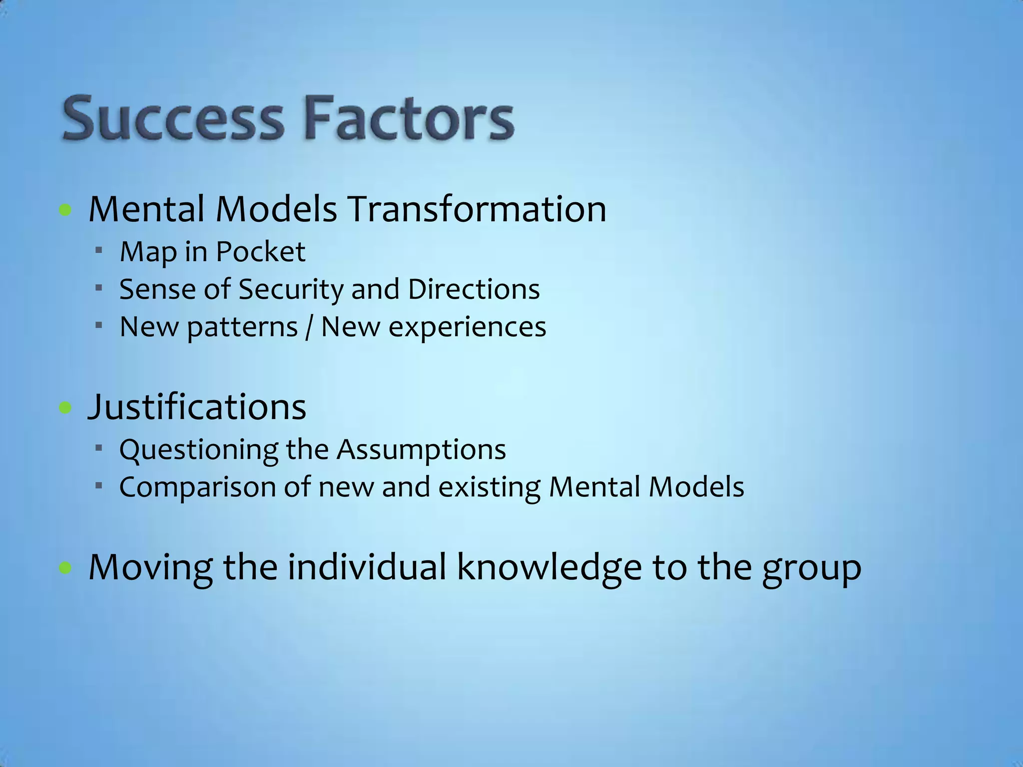 Success FactorsTacit to Explicit KnowledgeMental Models“Theories-in-use”“Espoused Theories”AdvantagesSimplified Framework“Executable”AssociationsDisadvantagesBiases in the processing of new information