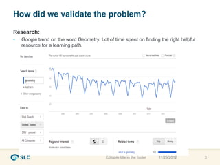 How did we validate the problem?

Research:
•   Google trend on the word Geometry. Lot of time spent on finding the right helpful
    resource for a learning path.




                                           Editable title in the footer   11/29/2012    3
 