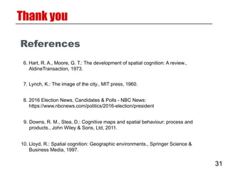 References
7. Lynch, K.: The image of the city., MIT press, 1960.
6. Hart, R. A., Moore, G. T.: The development of spatial cognition: A review.,
AldineTransaction, 1973.
8. 2016 Election News, Candidates & Polls - NBC News:
https://www.nbcnews.com/politics/2016-election/president
10. Lloyd, R.: Spatial cognition: Geographic environments., Springer Science &
Business Media, 1997.
31
Thank you
9. Downs, R. M., Stea, D.: Cognitive maps and spatial behaviour: process and
products., John Wiley & Sons, Ltd, 2011.
 
