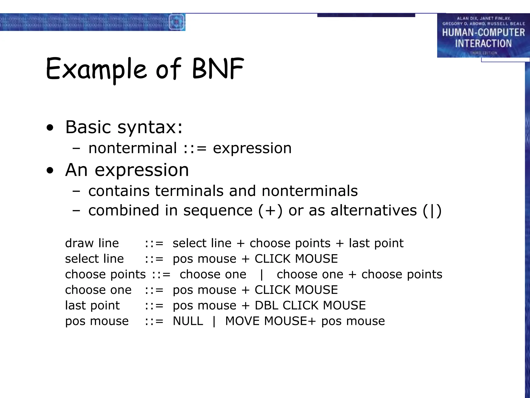 Example of BNF
• Basic syntax:
– nonterminal ::= expression
• An expression
– contains terminals and nonterminals
– combined in sequence (+) or as alternatives (|)
draw line ::= select line + choose points + last point
select line ::= pos mouse + CLICK MOUSE
choose points ::= choose one | choose one + choose points
choose one ::= pos mouse + CLICK MOUSE
last point ::= pos mouse + DBL CLICK MOUSE
pos mouse ::= NULL | MOVE MOUSE+ pos mouse
 