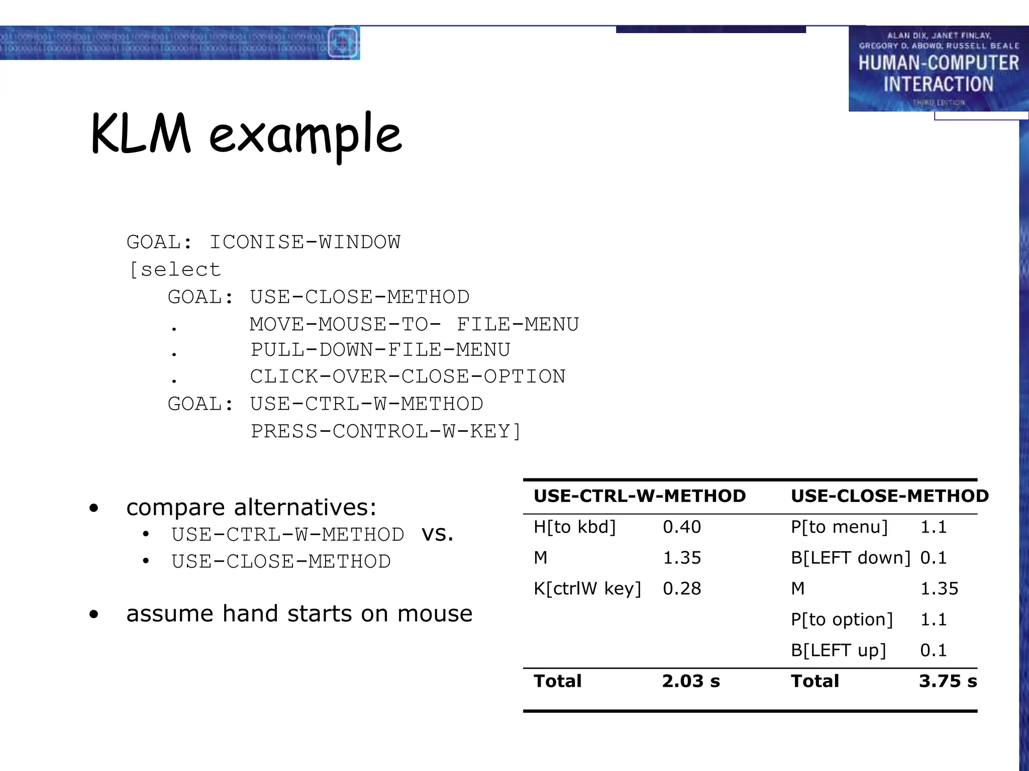 KLM example
GOAL: ICONISE-WINDOW
[select
GOAL: USE-CLOSE-METHOD
. MOVE-MOUSE-TO- FILE-MENU
. PULL-DOWN-FILE-MENU
. CLICK-OVER-CLOSE-OPTION
GOAL: USE-CTRL-W-METHOD
PRESS-CONTROL-W-KEY]
• compare alternatives:
• USE-CTRL-W-METHOD vs.
• USE-CLOSE-METHOD
• assume hand starts on mouse
USE-CLOSE-METHOD
P[to menu] 1.1
B[LEFT down] 0.1
M 1.35
P[to option] 1.1
B[LEFT up] 0.1
Total 3.75 s
USE-CTRL-W-METHOD
H[to kbd] 0.40
M 1.35
K[ctrlW key] 0.28
Total 2.03 s
 