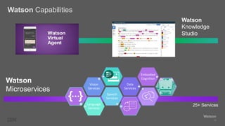 Watson Capabilities
14
Watson
Microservices
Language
Services
Speech
Services
Vision
Services
Data
Services
Embodied
Cognition
Watson
Knowledge
Studio
25+ Services
Watson
 