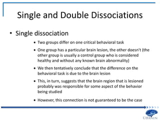 Single and Double Dissociations
• Single dissociation
 Two groups differ on one critical behavioral task
 One group has a particular brain lesion, the other doesn't (the
other group is usually a control group who is considered
healthy and without any known brain abnormality)
 We then tentatively conclude that the difference on the
behavioral task is due to the brain lesion
 This, in turn, suggests that the brain region that is lesioned
probably was responsible for some aspect of the behavior
being studied
 However, this connection is not guaranteed to be the case
 