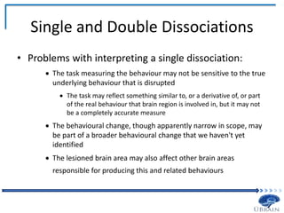 Single and Double Dissociations
• Problems with interpreting a single dissociation:
 The task measuring the behaviour may not be sensitive to the true
underlying behaviour that is disrupted
 The task may reflect something similar to, or a derivative of, or part
of the real behaviour that brain region is involved in, but it may not
be a completely accurate measure
 The behavioural change, though apparently narrow in scope, may
be part of a broader behavioural change that we haven't yet
identified
 The lesioned brain area may also affect other brain areas
responsible for producing this and related behaviours
 