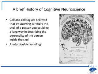 A brief History of Cognitive Neuroscience
• Gall and colleagues believed
that by studying carefully the
skull of a person you could go
a long way in describing the
personality of the person
inside the skull
• Anatomical Personology
 