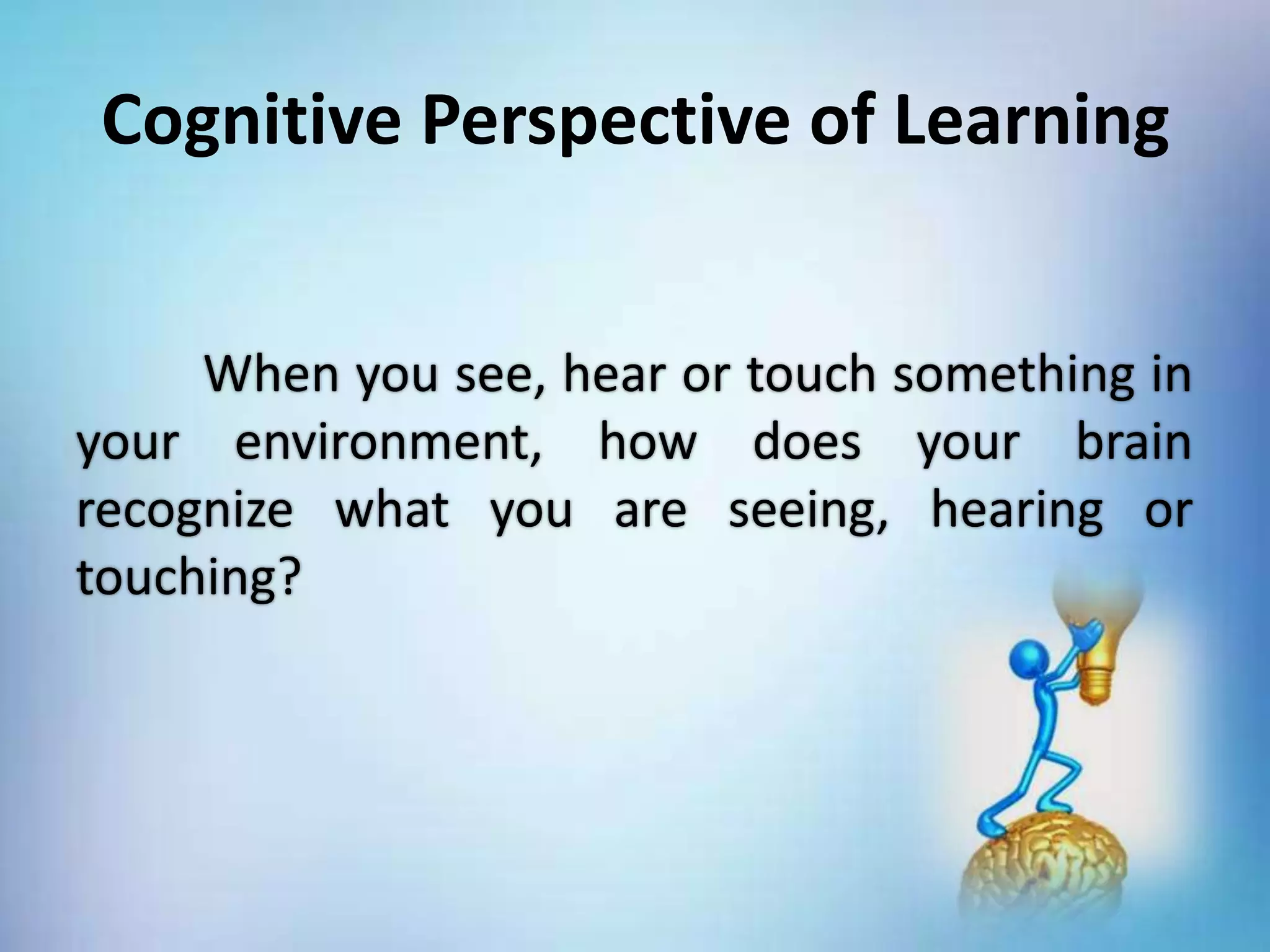 Cognitive Perspective of Learning
When you see, hear or touch something in
your environment, how does your brain
recognize what you are seeing, hearing or
touching?
 