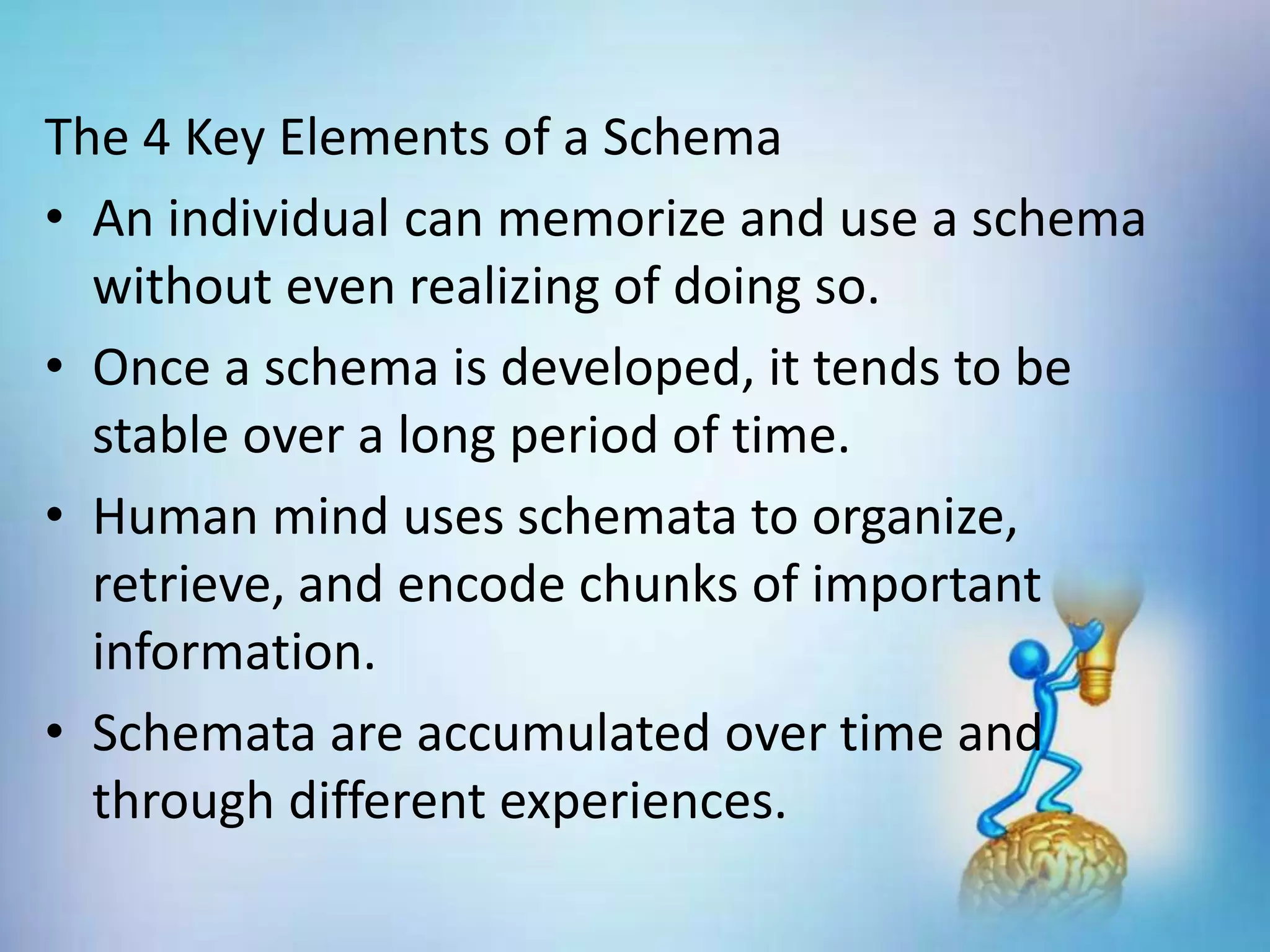 The 4 Key Elements of a Schema
• An individual can memorize and use a schema
without even realizing of doing so.
• Once a schema is developed, it tends to be
stable over a long period of time.
• Human mind uses schemata to organize,
retrieve, and encode chunks of important
information.
• Schemata are accumulated over time and
through different experiences.
 