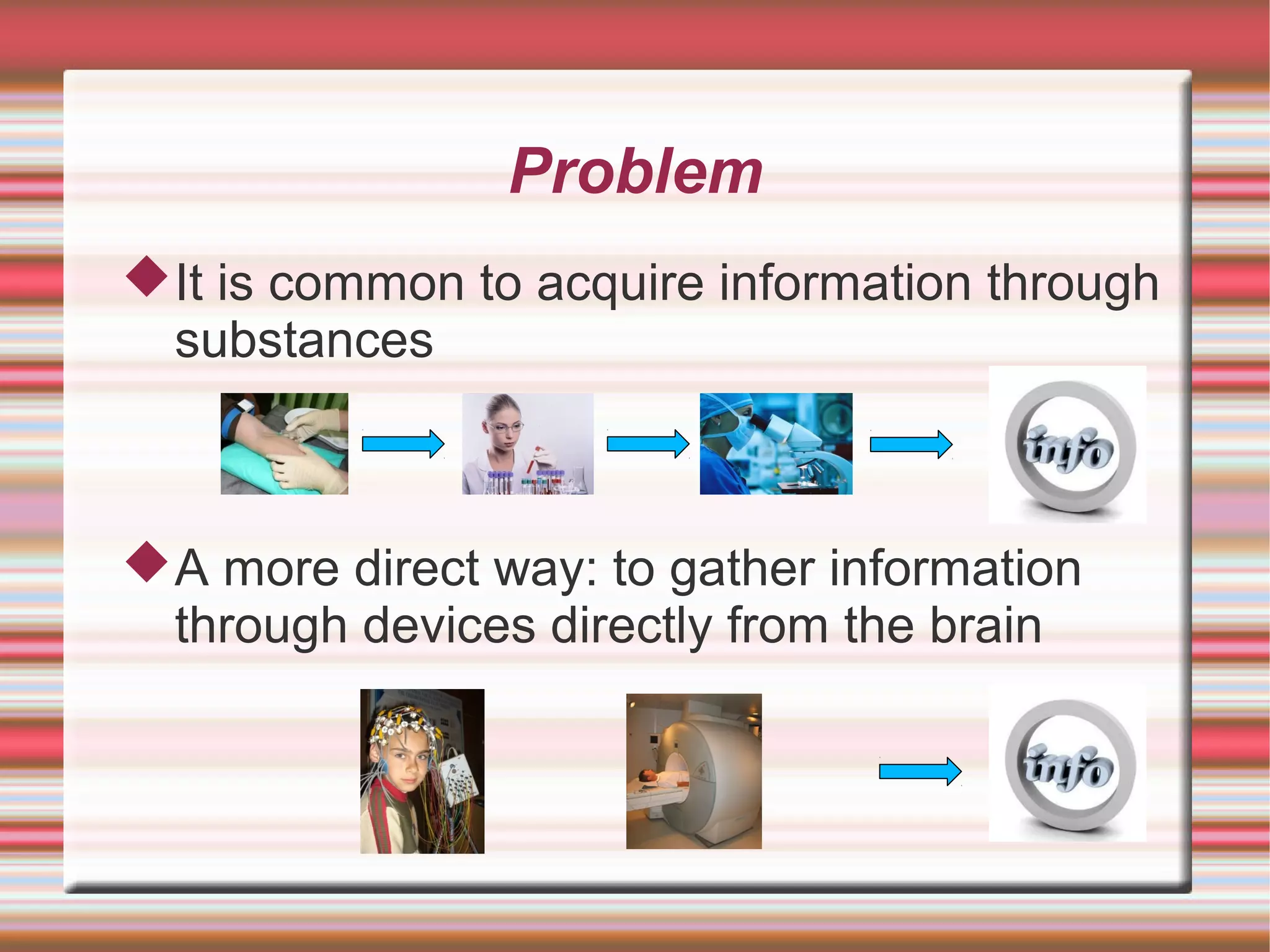 Problem
 It is common to acquire information through
  substances



 A more direct way: to gather information
  through devices directly from the brain
 