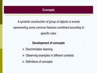 Concepts
Development of concepts
 Discrimination learning
 Observing examples in different contexts
 Definitions of concepts
A symbolic construction of group of objects or events
representing some common features combined according to
specific rules.
 