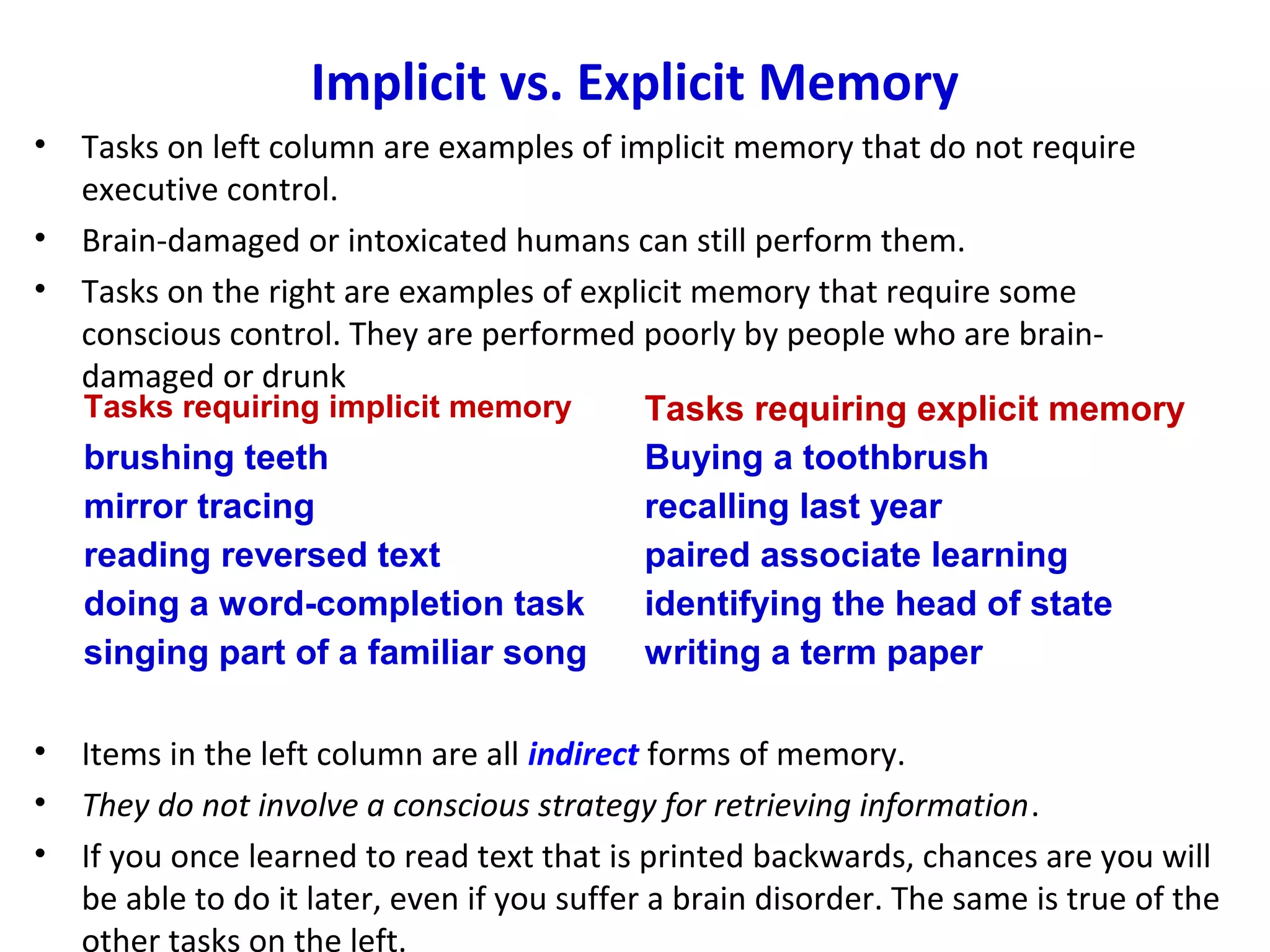 Implicit vs. Explicit Memory
• Tasks on left column are examples of implicit memory that do not require
executive control.
• Brain-damaged or intoxicated humans can still perform them.
• Tasks on the right are examples of explicit memory that require some
conscious control. They are performed poorly by people who are brain-
damaged or drunk
• Items in the left column are all indirect forms of memory.
• They do not involve a conscious strategy for retrieving information.
• If you once learned to read text that is printed backwards, chances are you will
be able to do it later, even if you suffer a brain disorder. The same is true of the
other tasks on the left.
Tasks requiring implicit memory Tasks requiring explicit memory
brushing teeth Buying a toothbrush
mirror tracing recalling last year
reading reversed text paired associate learning
doing a word-completion task identifying the head of state
singing part of a familiar song writing a term paper
 