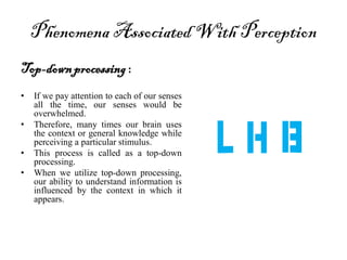 Phenomena Associated With Perception
Top-downprocessing:
• If we pay attention to each of our senses
all the time, our senses would be
overwhelmed.
• Therefore, many times our brain uses
the context or general knowledge while
perceiving a particular stimulus.
• This process is called as a top-down
processing.
• When we utilize top-down processing,
our ability to understand information is
influenced by the context in which it
appears.
 