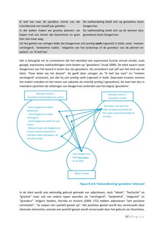 Ik leef toe naar de jaarlijkse reünie van die De taalhandeling biedt zich op gevoelens Joost
vriendenclub van twaalf jaar geleden.              Zwagerman
In die weken maken we grootse plannen: we De taalhandeling biedt zich op de wensen (dus
kopen met ons tienen dat boerenhuis en gaan gevoelens) Joost Zwagerman
hier niet meer weg.
Uit het geheel van uitingen blijkt dat Zwagerman zich prettig voelt (=gevoel) in Italië, zoals: ‘meteen
verslingerd’, ‘bedwelmd raakte’, ‘elegantie van het landschap of de grandeur van de pleinen en
palazzi’, en ‘ik leef toe’.

Het is belangrijk om te constateren dat het tekstdeel een expressieve functie vervult omdat, zoals
gezegd, expressieve taalhandelingen zicht bieden op “gevoelens” (Vuijk 2009). De tekst waarin Joost
Zwagerman aan het woord is tonen dus zijn gevoelens. Hij constateert ook zelf aan het eind van de
tekst: “Daar delen wij het Gevoel”. Hij geeft door uitingen als “ik leef toe naar” en “meteen
verslingerd” enzovoort, aan dat hij zich prettig voelt (=gevoel) in Italië. Daarnaast ervaren mensen
het maken vrienden en het vieren van vakantie als innerlijk prettig (=gevoelens). De lezer kan dus in
meerdere opzichten de uitlatingen van Zwagerman verbinden aan het begrip ‘gevoelens’.

              Mentale ruimte 1:                                           Mentale ruimte 2:
      Gevoelens Joost Zwagerman-ruimte                                    Gevoelens-ruimte


      - Joost Zwagerman raakte                                       - Gevoelens: dat wat men
      bedwelmd;                                                      voelt, de gewaarwording van
      - Joost Zwagerman raakte                                       het voelen zowel lichamelijk als
      verslingerd;                                                   innerlijk.
      - Joost Zwagerman leeft toe naar
      reünie;
      - Mensen (zoals ook Zwagerman)
      ervaren (voelen) vakantie en
      vrienden maken doorgaans als
      innerlijk prettig




                                            Joost Zwagerman
                                            heeft gevoelens
                                            en uit deze.




                                             ‘Blend’-ruimte



                                                  Figuur B.3-4: Totstandkoming ‘gevoelens’ tekstueel

In de tekst wordt ook veelvuldig gebruik gemaakt van adjectieven, zoals “ideale”, “hectische” en
“grootse” maar ook van andere typen woorden als “verslingerd”, “bedwelmd”, “elegantie” en
“grandeur”. Volgens Hoeken, Hornikx en Hustinx (2009: 172) hebben adjectieven “een positieve
connotatie”, “ze roepen een positief gevoel op”. Het positieve gevoel wordt dus veroorzaakt door
tekstuele elementen, evenals een positief gevoel wordt veroorzaakt door het gebruik van illustraties,

                                                                                            97 | P a g i n a
 