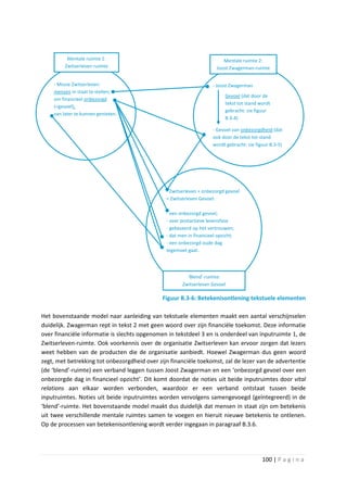Mentale ruimte 1:                                              Mentale ruimte 2:
         Zwitserleven-ruimte                                          Joost Zwagerman-ruimte


    - Missie Zwitserleven:                                          - Joost Zwagerman
    mensen in staat te stellen;
                                                                          Gevoel (dat door de
    om financieel onbezorgd
                                                                          tekst tot stand wordt
    (=gevoel);
                                                                          gebracht: zie figuur
    van later te kunnen genieten.
                                                                          B.3-4)

                                                                    - Gevoel van onbezorgdheid (dat
                                                                    ook door de tekst tot stand
                                                                    wordt gebracht: zie figuur B.3-5)




                                               - Zwitserleven + onbezorgd gevoel
                                               = Zwitserleven Gevoel:

                                               - een onbezorgd gevoel;
                                               - over postactieve levensfase
                                               - gebaseerd op het vertrouwen;
                                               - dat men in financieel opzicht;
                                               - een onbezorgd oude dag
                                               tegemoet gaat.




                                                        ‘Blend’-ruimte:
                                                      Zwitserleven Gevoel

                                              Figuur B.3-6: Betekenisontlening tekstuele elementen

Het bovenstaande model naar aanleiding van tekstuele elementen maakt een aantal verschijnselen
duidelijk. Zwagerman rept in tekst 2 met geen woord over zijn financiële toekomst. Deze informatie
over financiële informatie is slechts opgenomen in tekstdeel 3 en is onderdeel van inputruimte 1, de
Zwitserleven-ruimte. Ook voorkennis over de organisatie Zwitserleven kan ervoor zorgen dat lezers
weet hebben van de producten die de organisatie aanbiedt. Hoewel Zwagerman dus geen woord
zegt, met betrekking tot onbezorgdheid over zijn financiële toekomst, zal de lezer van de advertentie
(de ‘blend’-ruimte) een verband leggen tussen Joost Zwagerman en een ‘onbezorgd gevoel over een
onbezorgde dag in financieel opzicht’. Dit komt doordat de noties uit beide inputruimtes door vital
relations aan elkaar worden verbonden, waardoor er een verband ontstaat tussen beide
inputruimtes. Noties uit beide inputruimtes worden vervolgens samengevoegd (geïntegreerd) in de
‘blend’-ruimte. Het bovenstaande model maakt dus duidelijk dat mensen in staat zijn om betekenis
uit twee verschillende mentale ruimtes samen te voegen en hieruit nieuwe betekenis te ontlenen.
Op de processen van betekenisontlening wordt verder ingegaan in paragraaf B.3.6.




                                                                                           100 | P a g i n a
 