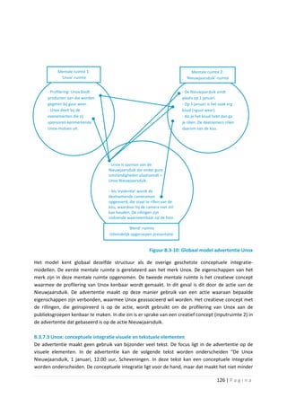 Mentale ruimte 1:                                                   Mentale ruimte 2:
            ‘Unox’-ruimte                                                   ‘Nieuwjaarsduik’-ruimte


      - Profilering: Unox biedt                                           - De Nieuwjaarduik vindt
      producten aan die worden                                            plaats op 1 januari.
      gegeten bij guur weer.                                              - Op 1 januari is het vaak erg
      - Unox deelt bij de                                                 koud (=guur weer).
      evenementen die zij                                                 - Als je het koud hebt dan ga
      sponsoren kenmerkende                                               je rillen. De deelnemers rillen
      Unox-mutsen uit.                                                    daarom van de kou.




                                  - Unox is sponsor van de
                                  Nieuwjaarsduik die onder gure
                                  omstandigheden plaatsvindt =
                                  Unox Nieuwjaarsduik.

                                  - Als ‘evidentie’ wordt de
                                  deelnemende cameraman
                                  opgevoerd, die staat te rillen van de
                                  kou, waardoor hij de camera niet stil
                                  kan houden. De rillingen zijn
                                  zodoende waarneembaar op de foto.

                                              ‘Blend’-ruimte
                                  Uiteindelijk opgeroepen presentatie


                                                        Figuur B.3-10: Globaal model advertentie Unox

Het model kent globaal dezelfde structuur als de overige geschetste conceptuele integratie-
modellen. De eerste mentale ruimte is gerelateerd aan het merk Unox. De eigenschappen van het
merk zijn in deze mentale ruimte opgenomen. De tweede mentale ruimte is het creatieve concept
waarmee de profilering van Unox kenbaar wordt gemaakt. In dit geval is dit door de actie van de
Nieuwjaarsduik. De advertentie maakt op deze manier gebruik van een actie waaraan bepaalde
eigenschappen zijn verbonden, waarmee Unox geassocieerd wil worden. Het creatieve concept met
de rillingen, die geïnspireerd is op de actie, wordt gebruikt om de profilering van Unox aan de
publieksgroepen kenbaar te maken. In die zin is er sprake van een creatief concept (inputruimte 2) in
de advertentie dat gebaseerd is op de actie Nieuwjaarsduik.

B.3.7.3 Unox: conceptuele integratie visuele en tekstuele elementen
De advertentie maakt geen gebruik van bijzonder veel tekst. De focus ligt in de advertentie op de
visuele elementen. In de advertentie kan de volgende tekst worden onderscheiden “De Unox
Nieuwjaarsduik, 1 januari, 12.00 uur, Scheveningen. In deze tekst kan een conceptuele integratie
worden onderscheiden. De conceptuele integratie ligt voor de hand, maar dat maakt het niet minder

                                                                                              126 | P a g i n a
 