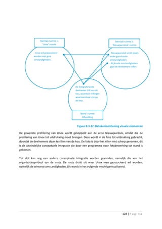 Mentale ruimte 1:                                             Mentale ruimte 2:
                  ‘Unox’-ruimte                                             ‘Nieuwjaarsduik’-ruimte


           - Unox wil geassocieerd                                        - Nieuwjaarsduik vindt plaats
           worden met gure                                                onder gure koude
           omstandigheden.                                                omstandigheden.
                                                                          - Bij koude omstandigheden
                                                                          gaan de deelnemers trillen.




                                              De fotograferende
                                              deelnemer trilt van de
                                              kou, waardoor trillingen
                                              waarneembaar zijn op
                                              de foto.




                                                  ‘Blend’-ruimte:
                                                    Afbeelding


                                               Figuur B.3-12: Betekenisontlening visuele elementen

De gewenste profilering van Unox wordt gekoppeld aan de actie Nieuwjaarduik, omdat die de
profilering van Unox tot uitdrukking moet brengen. Deze wordt in de foto tot uitdrukking gebracht,
doordat de deelnemers staan te rillen van de kou. De foto is door het rillen niet scherp genomen, dit
is de uiteindelijke conceptuele integratie die door een programma voor fotobewerking tot stand is
gekomen.

Tot slot kan nog een andere conceptuele integratie worden gevonden, namelijk die van het
organisatiesymbool van de muts. De muts drukt uit waar Unox mee geassocieerd wil worden,
namelijk de winterse omstandigheden. Dit wordt in het volgende model gevisualiseerd.




                                                                                      128 | P a g i n a
 