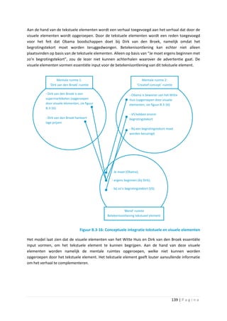 Aan de hand van de tekstuele elementen wordt een verhaal toegevoegd aan het verhaal dat door de
visuele elementen wordt opgeroepen. Door de tekstuele elementen wordt een reden toegevoegd
voor het feit dat Obama boodschappen doet bij Dirk van den Broek, namelijk omdat het
begrotingstekort moet worden teruggedwongen. Betekenisontlening kan echter niet alleen
plaatsvinden op basis van de tekstuele elementen. Alleen op basis van “Je moet ergens beginnen met
zo’n begrotingstekort”, zou de lezer niet kunnen achterhalen waarover de advertentie gaat. De
visuele elementen vormen essentiële input voor de betekenisontlening van dit tekstuele element.


                 Mentale ruimte 1:                                         Mentale ruimte 2:
            ‘Dirk van den Broek’-ruimte                                ‘Creatief concept´-ruimte

          - Dirk van den Broek is een                            - Obama is bewoner van het Witte
          supermarktketen (opgeroepen                            Huis (opgeroepen door visuele
          door visuele elementen, zie figuur                     elementen, zie figuur B.3-16)
          B.3-16)
                                                                 - VS hebben enorm
          - Dirk van den Broek hanteert                          begrotingstekort
          lage prijzen
                                                                 - Bij een begrotingstekort moet
                                                                 worden bezuinigd.




                                                    - Je moet (Obama);

                                                    - ergens beginnen (bij Dirk);

                                                    - bij zo’n begrotingstekort (VS).




                                                            ‘Blend’-ruimte
                                                 Betekenisontlening tekstueel element



                                  Figuur B.3-16: Conceptuele integratie tekstuele en visuele elementen

Het model laat zien dat de visuele elementen van het Witte Huis en Dirk van den Broek essentiële
input vormen, om het tekstuele element te kunnen begrijpen. Aan de hand van deze visuele
elementen worden namelijk de mentale ruimtes opgeroepen, welke niet kunnen worden
opgeroepen door het tekstuele element. Het tekstuele element geeft louter aanvullende informatie
om het verhaal te complementeren.




                                                                                               139 | P a g i n a
 