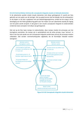 B.3.13.3 Centraal Beheer Achmea (2): conceptuele integratie visuele en tekstuele elementen
In de advertentie worden enkele visuele elementen met elkaar geïntegreerd. Er wordt een foto
gebruikt van een paleis van de koningin. Het zou goed kunnen dat het kleedje met de verkoopsters
en de kopers in de foto is geplaatst met een bewerkingsprogramma, omdat het de vraag is of de
beveiliging van het Paleis goedkeuring geeft voor het maken van een advertentie waarbij de ingang
van het paleis wordt versperd. In dat geval is een visuele conceptuele integratie te onderscheiden
omdat dan twee concepten met elkaar zijn geïntegreerd.

Ook zijn op de foto twee meisjes te onderscheiden, deze meisjes moeten de prinsesjes van het
koningshuis voorstellen. De meisjes zijn in werkelijkheid niet de echte prinsjes, maar ‘actrices’. In
feite is hier dus ook sprake van een conceptuele integratie omdat twee actrices de prinsesjes moeten
uitbeelden. Ook worden rommelmarktspullen afgebeeld, die de Koninklijke inboedel moeten
weergeven.

                 Mentale ruimte 1:                                      Mentale ruimte 2:
                ‘Koningshuis’-ruimte                                    ‘Actrices´-ruimte

         - Het koningshuis heeft twee                          - De twee actrices zijn allebei rond
         prinsesjes in de leeftijd van rond                    +/- 6 jaar oud.
         +/- 6 jaar oud.
                                                               - De twee actrices zijn in een foto
         - De prinsesjes wonen in , of                         voor het paleis geplaatst (al dan
         bezoeken regelmatig een paleis                        niet bewerkt).

         - De prinsjes hebben de                               - De meisjes verkopen statige
         beschikking over de Koninklijke                       spullen.
         inboedel




                                                 - Actrices die statige
                                                 spullen verkopen =
                                                 Prinsesjes die Koninklijke
                                                 inboedel voor het hek
                                                 van het paleis verkopen


                                                        ‘Blend’-ruimte
                                              Betekenisontlening visueel element


                                              Figuur B.3-18: Conceptuele integratie visuele elementen




                                                                                                145 | P a g i n a
 