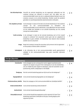Het afstandsprincipe    Verschilt de centrale boodschap van de organisatie voldoende van het              - | +
                                creatieve concept om effectief te kunnen zijn? Het effect van een
                                communicatiemiddel neemt toe als er voldoende afstand bestaat tussen het
                                creatieve concept en de centrale boodschap. Hierdoor wordt de aandacht
                                getrokken en wordt bijvoorbeeld de advertentie beter onthouden.

      Het uitpakken principe    Is de ontvanger in staat om het doel, de centrale boodschap en het creatieve      - | +
                                concept     uit     het    communicatiemiddel       te     herleiden?      Het
                                communicatiemiddel, als een advertentie, is pas effectief als de lezer het doel
                                uit het middel kan herleiden en de centrale boodschap van het creatief
                                concept kan onderscheiden.

             Snelle vertaling   Is de ontvanger in staat om de centrale boodschap snel uit het creatief           - | +
                                concept te ontlenen? De consument neemt geen tijd om uitgebreid de
                                boodschap te gaan ontleden. De boodschap moet daarom direct duidelijk
                                worden voor de consument.

                      Imago     Roept het creatieve concept de associaties op bij mensen die de organisatie       - | +
                                en het product of dienst willen uitstralen?

                Volledigheid    Is de informatie die in het communicatiemiddel wordt gepresenteerd                - | +
                                volledig? In het communicatiemiddel mag geen essentiële informatie
                                ontbreken.


Overige ijkpunten
Strategie en centrale boodschap
                Consistentie    Is de campagne op een consequente manier opgezet waarbij de juiste                - | +
                                volgorde van stappen zijn gezet? Het is belangrijk om voor de ontwikkeling
                                van een middel de juiste stappen te doorlopen, zoals het vaststellen van de
                                positionering, doelen, doelgroepen en de belofte.

                  Doelgroep     Sluit de centrale boodschap goed aan bij de aard van de doelgroep?                - | +
             Begrijpelijkheid   Is de centrale boodschap begrijpelijk voor de doelgroep?                          - | +
    Professionalisme, belofte   Bevat de campagne en het communicatiemiddel een duidelijke belofte?               - | +
        Onderscheidendheid      Is de centrale boodschap onderscheidend?                                          - | +
               Authenticiteit   Is de centrale boodschap geloofwaardig?                                           - | +
        Inhoudelijk eenvoud     Is de centrale boodschap toegespitst op één argument of claim? Een                - | +
                                boodschap wordt beter onthouden als de focus wordt gelegd op één
                                argument of claim.



                                                                                                     171 | P a g i n a
 