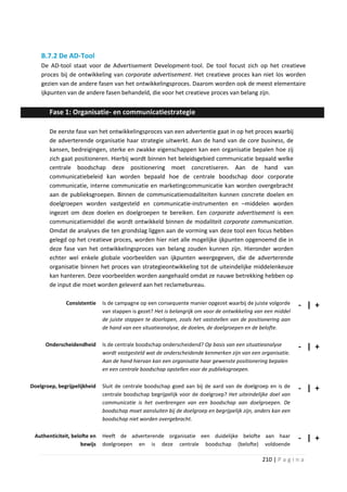 B.7.2 De AD-Tool
    De AD-tool staat voor de Advertisement Development-tool. De tool focust zich op het creatieve
    proces bij de ontwikkeling van corporate advertisement. Het creatieve proces kan niet los worden
    gezien van de andere fasen van het ontwikkelingsproces. Daarom worden ook de meest elementaire
    ijkpunten van de andere fasen behandeld, die voor het creatieve proces van belang zijn.


       Fase 1: Organisatie- en communicatiestrategie

       De eerste fase van het ontwikkelingsproces van een advertentie gaat in op het proces waarbij
       de adverterende organisatie haar strategie uitwerkt. Aan de hand van de core business, de
       kansen, bedreigingen, sterke en zwakke eigenschappen kan een organisatie bepalen hoe zij
       zich gaat positioneren. Hierbij wordt binnen het beleidsgebied communicatie bepaald welke
       centrale boodschap deze positionering moet concretiseren. Aan de hand van
       communicatiebeleid kan worden bepaald hoe de centrale boodschap door corporate
       communicatie, interne communicatie en marketingcommunicatie kan worden overgebracht
       aan de publieksgroepen. Binnen de communicatiemodaliteiten kunnen concrete doelen en
       doelgroepen worden vastgesteld en communicatie-instrumenten en –middelen worden
       ingezet om deze doelen en doelgroepen te bereiken. Een corporate advertisement is een
       communicatiemiddel die wordt ontwikkeld binnen de modaliteit corporate communication.
       Omdat de analyses die ten grondslag liggen aan de vorming van deze tool een focus hebben
       gelegd op het creatieve proces, worden hier niet alle mogelijke ijkpunten opgenoemd die in
       deze fase van het ontwikkelingsproces van belang zouden kunnen zijn. Hieronder worden
       echter wel enkele globale voorbeelden van ijkpunten weergegeven, die de adverterende
       organisatie binnen het proces van strategieontwikkeling tot de uiteindelijke middelenkeuze
       kan hanteren. Deze voorbeelden worden aangehaald omdat ze nauwe betrekking hebben op
       de input die moet worden geleverd aan het reclamebureau.

              Consistentie    Is de campagne op een consequente manier opgezet waarbij de juiste volgorde       - | +
                              van stappen is gezet? Het is belangrijk om voor de ontwikkeling van een middel
                              de juiste stappen te doorlopen, zoals het vaststellen van de positionering aan
                              de hand van een situatieanalyse, de doelen, de doelgroepen en de belofte.

      Onderscheidendheid      Is de centrale boodschap onderscheidend? Op basis van een situatieanalyse         - | +
                              wordt vastgesteld wat de onderscheidende kenmerken zijn van een organisatie.
                              Aan de hand hiervan kan een organisatie haar gewenste positionering bepalen
                              en een centrale boodschap opstellen voor de publieksgroepen.

Doelgroep, begrijpelijkheid   Sluit de centrale boodschap goed aan bij de aard van de doelgroep en is de        - | +
                              centrale boodschap begrijpelijk voor de doelgroep? Het uiteindelijke doel van
                              communicatie is het overbrengen van een boodschap aan doelgroepen. De
                              boodschap moet aansluiten bij de doelgroep en begrijpelijk zijn, anders kan een
                              boodschap niet worden overgebracht.

 Authenticiteit, belofte en   Heeft de adverterende organisatie een duidelijke belofte aan haar                 - | +
                     bewijs   doelgroepen en is deze centrale boodschap (belofte) voldoende

                                                                                                 210 | P a g i n a
 
