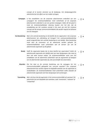 concept af te kunnen stemmen op de doelgroep. Een doelgroepgerichte
                 advertentie kan het effect van het middel verhogen.

    Campagne     Is het ontwikkelen van de corporate advertisement onderdeel van een              - | +
                 campagne? De reclameontwikkelaar moet achterhalen of de corporate
                 advertisement onderdeel is van een grotere campagne. Indien dit het geval is
                 moet de reclameontwikkelaar rekening houden met het feit, dat de
                 ontwikkeling van het creatieve concept in lijn moet zijn met het creatieve
                 concept van de overige communicatiemiddelen die worden ingezet ten behoeve
                 van de campagne.

Kernboodschap    Wat is de centrale boodschap en de belofte die de organisatie in de corporate    - | +
                 advertisement tot uitdrukking wil brengen? Een communicatieboodschap
                 wordt vergezeld door een centrale boodschap en een belofte. Deze boodschap
                 moet door de consument uit de advertentie worden gehaald. De
                 reclameontwikkelaar moet achterhalen wat de wensen zijn van de
                 adverterende organisatie op dit gebied.

       Bewijs    Heeft de organisatie bewijs dat zij deze belofte kan waarmaken? Indien de        - | +
                 adverterende organisatie een belofte doet aan haar doelgroepen, dan moet zij
                 deze ook waar kunnen maken. De reclameontwikkelaar moet voor het
                 ontwikkelen van de advertentie achterhalen wat de argumenten of bewijzen
                 van de adverterende organisatie zijn, dat zij de belofte kan waarmaken.

     Waarden     Zijn het doel en de centrale boodschap van de campagne (en het                   - | +
                 communicatiemiddel) gekoppeld aan concrete waarden? Een corporate
                 advertisement kan worden ingezet om bepaalde waarden van de organisatie te
                 verduidelijken. De reclameontwikkelaar moet achterhalen welke waarden de
                 adverterende organisatie aan haar doelgroepen wil overbrengen.

   Toonzetting   Wat is de toon die de organisatie in het communicatiemiddel wil aanslaan? De     - | +
                 advertentie kan een bepaalde toon aanslaan, zoals ‘emotioneel’, ‘rationeel’ of
                 ‘competitief’.




                                                                                    212 | P a g i n a
 